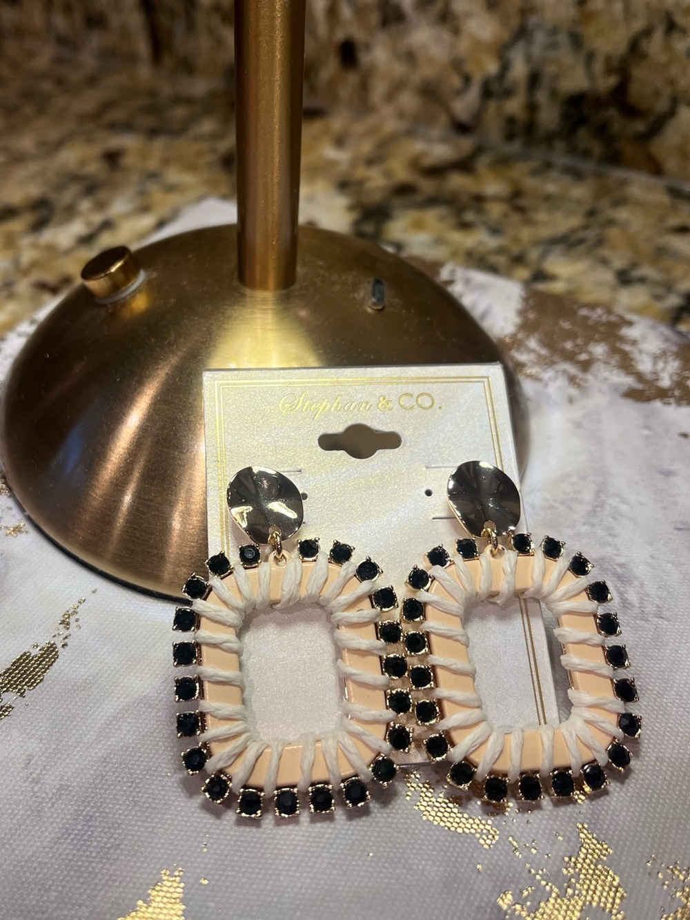 Cream and Black Woven Oval Drop Earrings